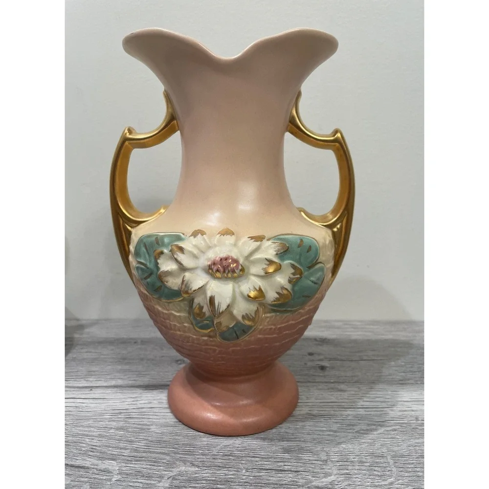 Vintage Hull‎ Art Pottery Magnolia Vase L-11-9 1/2 Pink Gold Handles USA 10 Inch